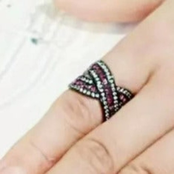 Amethyst Clear Crystal Black Stainless Steel Cross Over Band Ring Size 9 - Picture 5 of 5